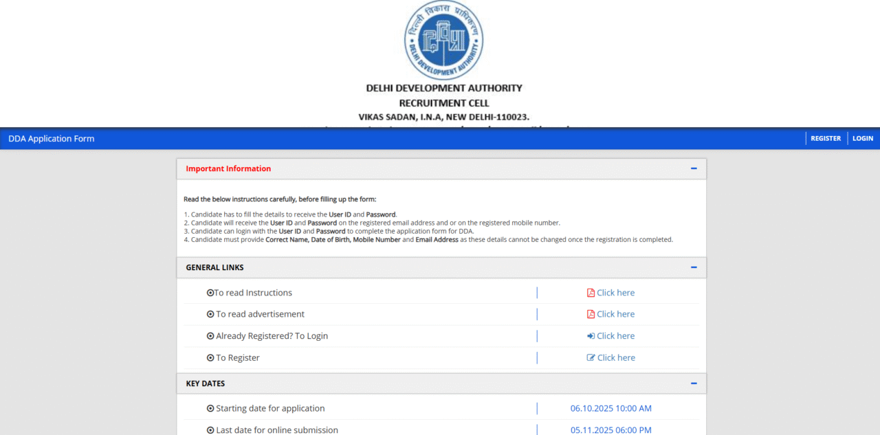 DDA Recruitment 2025: दिल्ली विकास प्राधिकरण में निकली बंपर भर्ती! 1732 पदों 5 dda official website candidate login/signup section