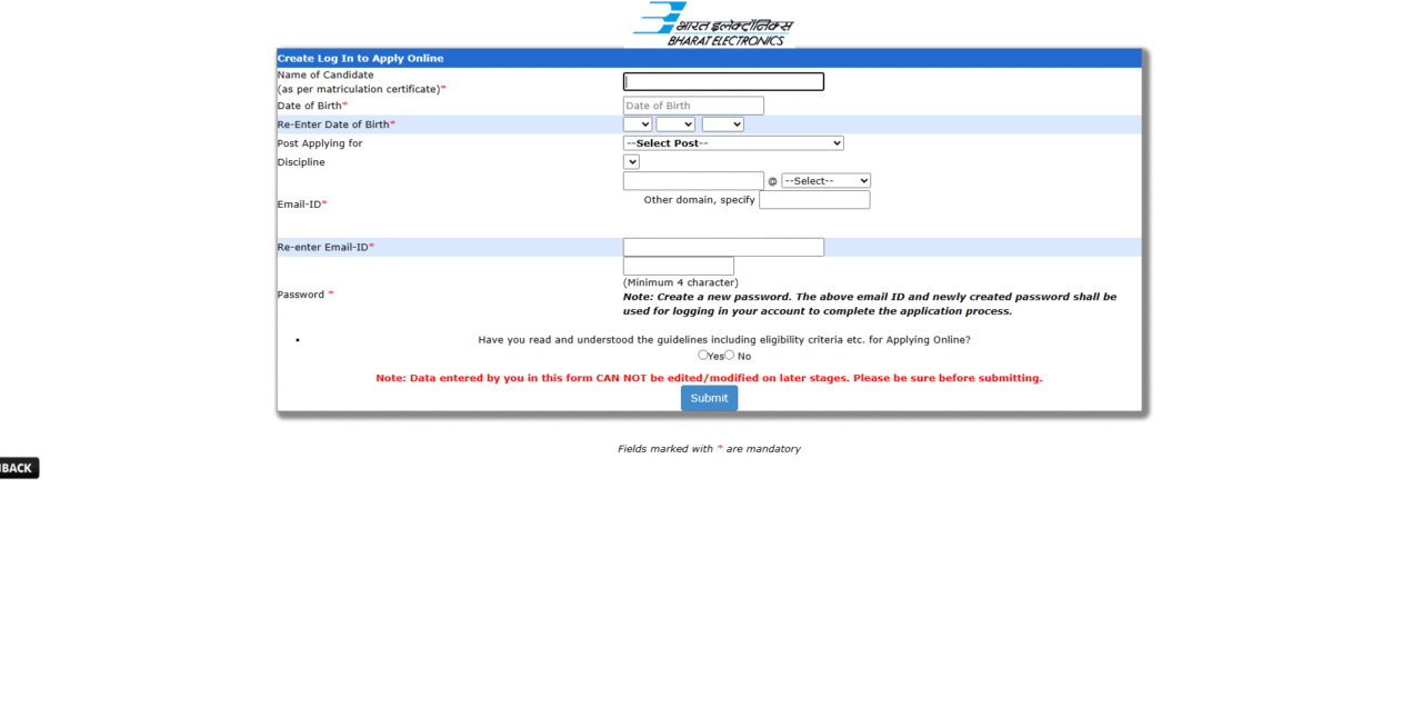 BEL Non-Executive Recruitment 2025: Apply Online for 162 Posts | BEL Bengaluru Vacancy Details, Eligibility, Salary, Last Date 5 BEL Official Website candidate registration window Screenshot