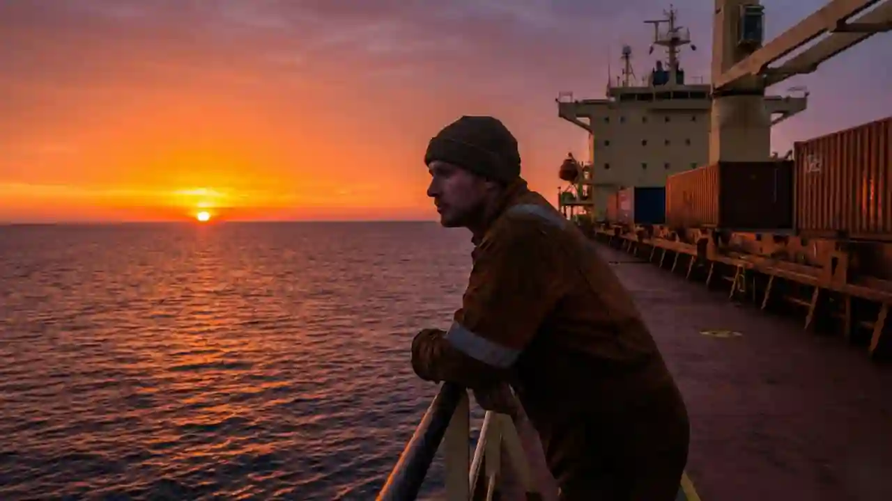 GP Rating Course क्या है? (2026) Fees, Eligibility, Salary | Merchant Navy 4 Merchant navy sailor standing on a ship deck looking at a cinematic sunset over the ocean.