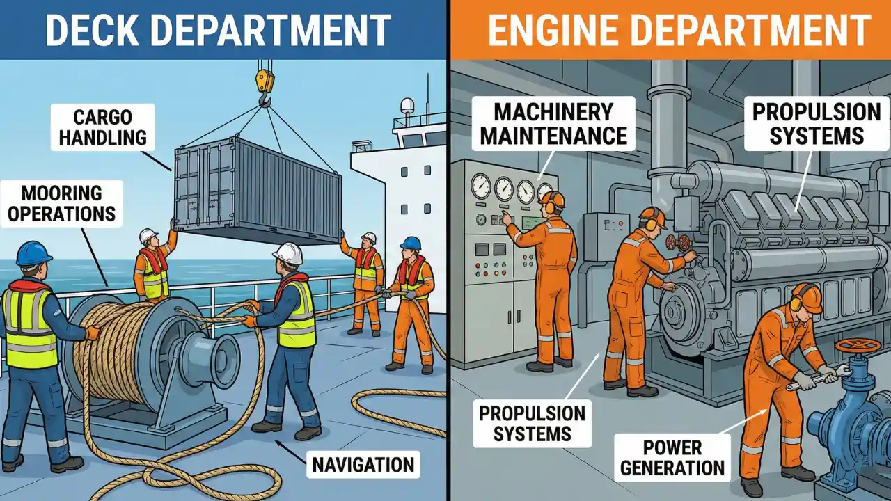 GP Rating Course क्या है? (2026) Fees, Eligibility, Salary | Merchant Navy 2 Split screen educational infographic comparing Deck Department and Engine Department on a merchant ship, showing deck crew handling cargo and engine crew maintaining machinery.
