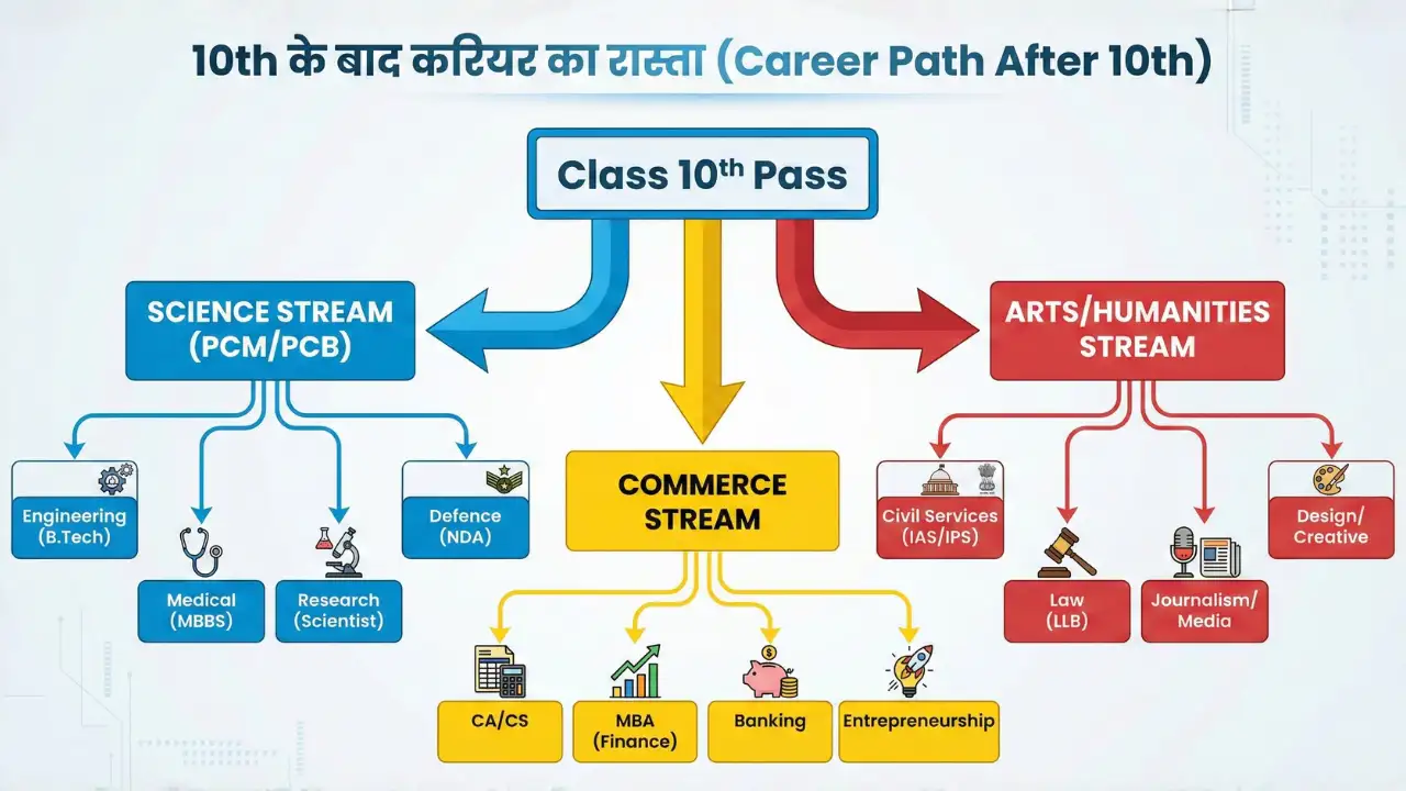 Science vs Commerce vs Arts: 10th के बाद कौन सा Stream Best है? (Salary, Career Scope और Reality Check) 2 Career options after 10th class flowchart in Hindi. Chart showing Science (PCM/PCB), Commerce, and Arts stream career paths like Engineering, MBBS, CA, and IAS.