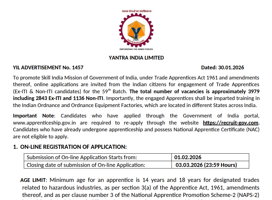 YIL Apprentice Recruitment 2026: 3979 Vacancy Notification Out | Apply Online & Eligibility 2 YIL Apprentice Recruitment Vacancy Notification