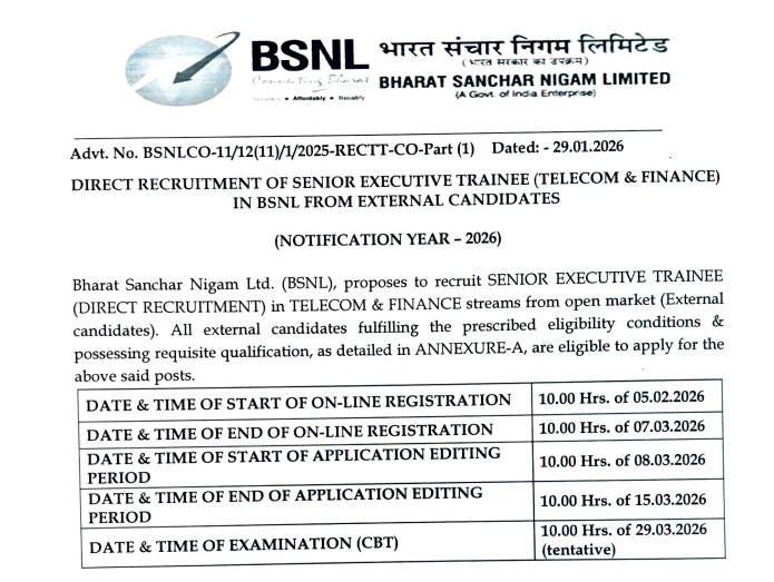 BSNL Senior Executive Trainee Recruitment 2026: Notification Out (120 Posts) | Apply Online & Exam Date 2 image 4