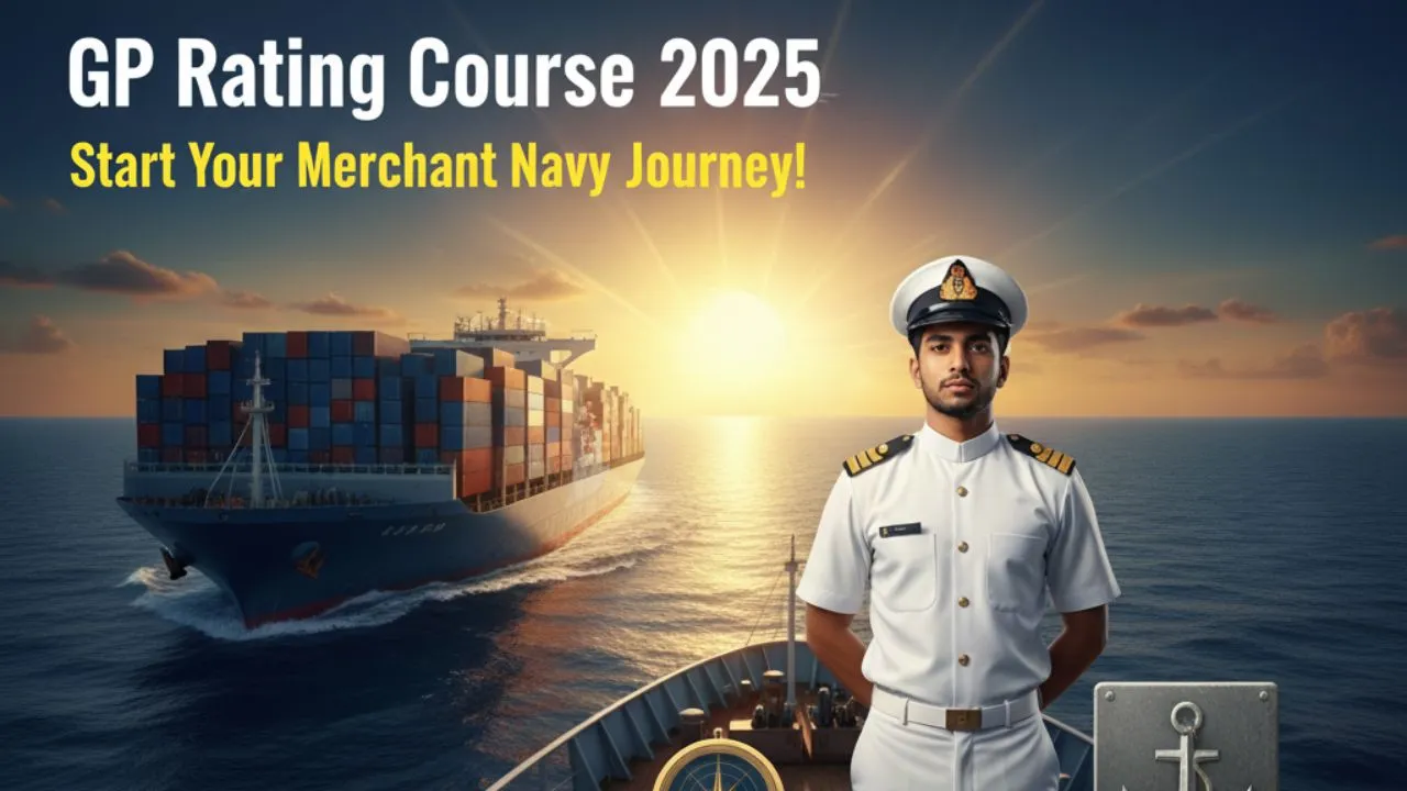 GP Rating Course क्या है? (2026) Fees, Eligibility, Salary | Merchant Navy 1 A young Indian sailor in a white uniform stands confidently on a cargo ship's deck during a golden sunrise, looking towards his future in the Merchant Navy. The image promotes the GP Rating Course for 2025.