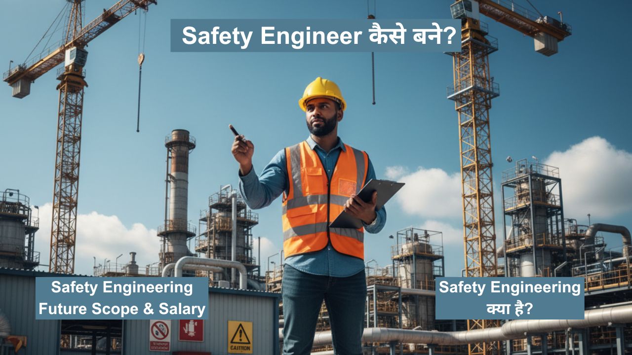 Safety Engineering Course Detail In Hindi: Safety Engineering क्या है? 1 Safety Engineer standing on construction site wearing yellow helmet and reflective jacket, holding checklist – Safety Engineering Guide Thumbnail