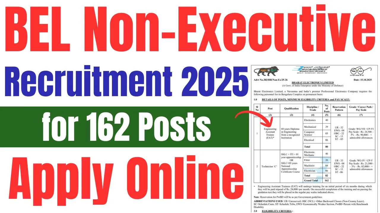 BEL Non-Executive Recruitment 2025: Apply Online for 162 Posts | BEL Bengaluru Vacancy Details, Eligibility, Salary, Last Date 1 BEL Non-Executive Recruitment 2025: Apply Online for 162 Posts | BEL Bengaluru Vacancy Details, Eligibility, Salary, Last Date