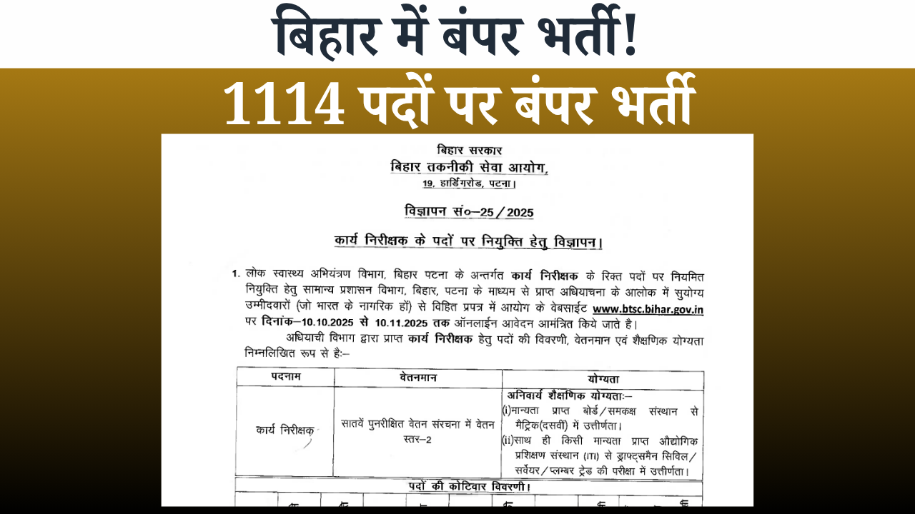 BTSC Work Inspector Recruitment 2026 Re-Open: 493 पदों पर बंपर भर्ती | Eligibility, Age & Date 1 Bihar BTSC Work Inspector Recruitment 2025: 1114 पदों पर बंपर भर्ती, ऐसे करें ऑनलाइन आवेदन