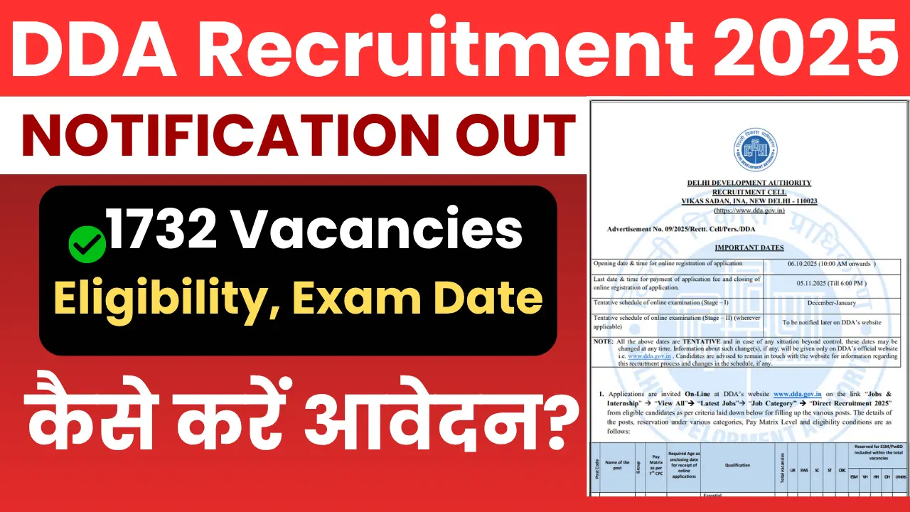 DDA Recruitment 2025: दिल्ली विकास प्राधिकरण में निकली बंपर भर्ती! 1732 पदों 1 DDA Recruitment 2025 Notification Out – Apply Online for 1732 Vacancies, Check Eligibility, Exam Date, and How to Apply