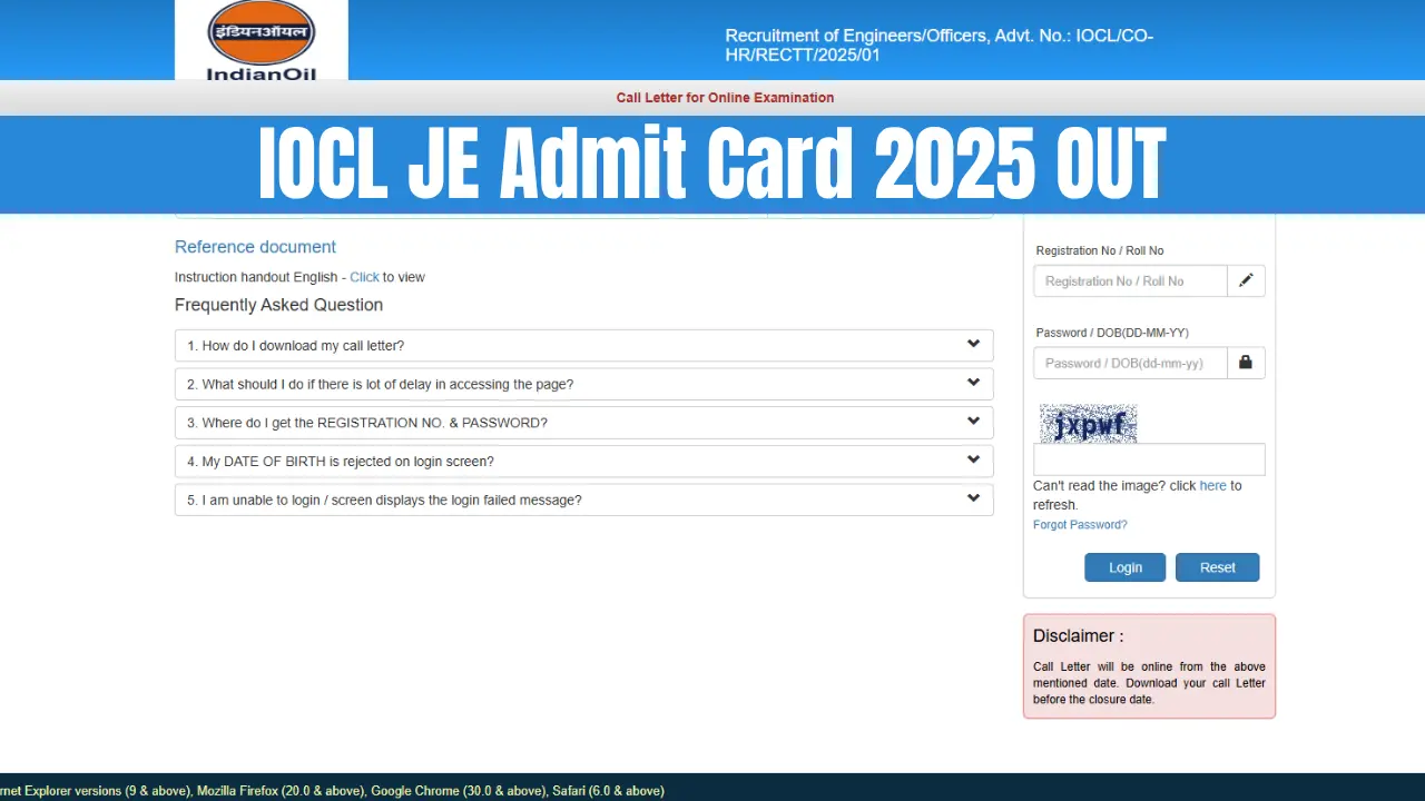 IOCL JE Admit Card 2025 जारी: यहां से करें डाउनलोड 1 IOCL JE Admit Card 2025 download page on ibpsonline.ibps.in showing login window for Engineers and Officers exam.