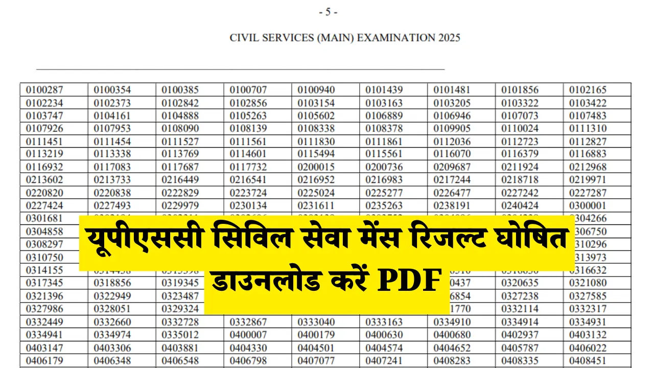 UPSC Mains Result 2025 OUT: यूपीएससी सिविल सेवा मेंस रिजल्ट घोषित, डाउनलोड करें PDF 1 यूपीएससी सिविल सेवा मेंस रिजल्ट घोषित, डाउनलोड करें PDF