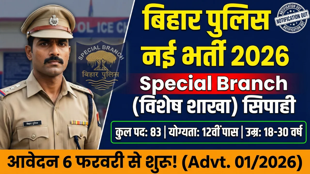 Bihar Police Constable Special Branch Vacancy 2026 (Advt 01/2026): Apply Online for 83 Posts | Eligibility & Dates 1 बिहार पुलिस स्पेशल ब्रांच भर्ती 2026 (Advt. No. 01/2026): सिपाही के 83 पदों के लिए आवेदन 6 फरवरी से शुरू होंगे।