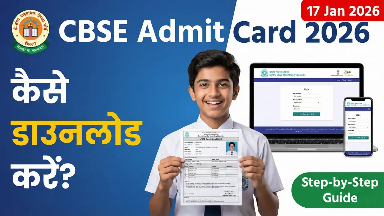 CBSE एडमिट कार्ड 2026 कैसे डाउनलोड करें? कक्षा 10वीं और 12वीं के लिए पूरी जानकारी 1 CBSE Admit Card 2026 download guide showing a happy Indian student holding a hall ticket, with a blue split background, CBSE logo, and a laptop screen displaying the official login page. Text in Hindi says 'Kaise Download Karein