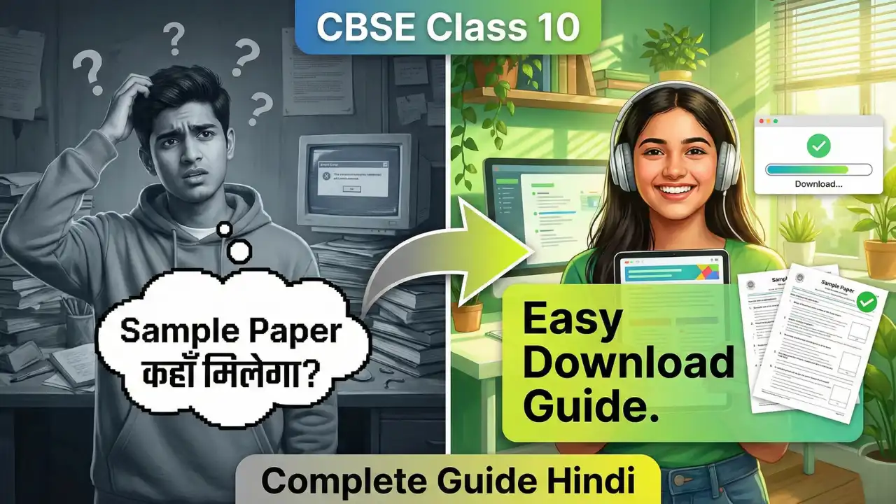 CBSE Class 10 Sample Paper 2026 और Marking Scheme 2025-26 कैसे Download करें और उपयोग करें? 1 YouTube thumbnail comparison for CBSE Class 10. Left side shows a confused student in gray with text 'Sample Paper कहाँ मिलेगा?'. Right side shows a happy student in green/yellow with text 'Easy Download Guide'. Central arrow indicates a solution.