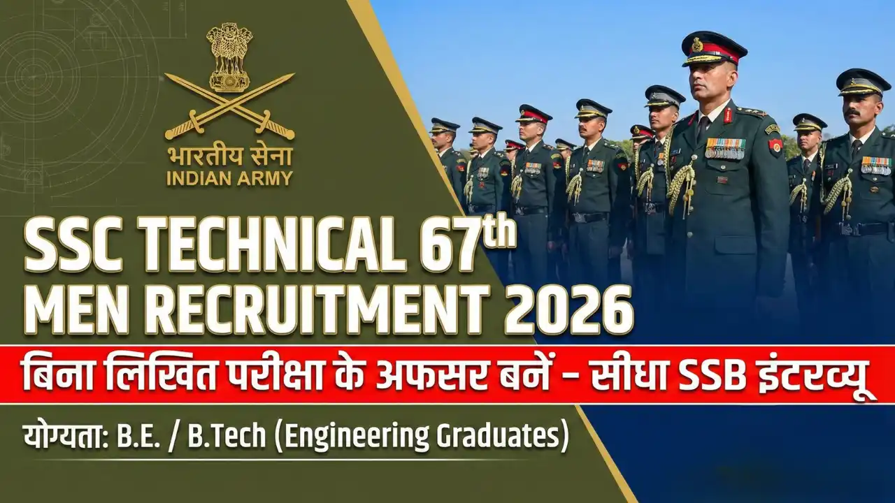 इंडियन आर्मी SSC Tech 67 (Men) भर्ती 2026: नोटिफिकेशन जारी, बिना लिखित परीक्षा के अफसर बनने का मौका – जानें अप्लाई डेट 1 इंडियन आर्मी SSC Tech 67 (Men) भर्ती 2026 नोटिफिकेशन जारी