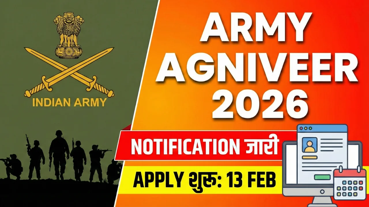 Indian Army Agniveer CEE Recruitment 2026: Apply Online & Notification Details 1 Indian Army Agniveer 2026 Notification Thumbnail showing application start date 13 Feb, Indian Army Logo and soldiers silhouette for Sarkari Naukri update.